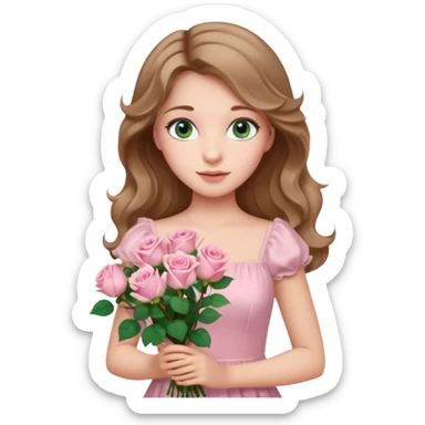 A beautiful princess with blue  green eyes and light brown wavy hair wearing a light pink dress and holding a bouquet of light pink roses  sticker