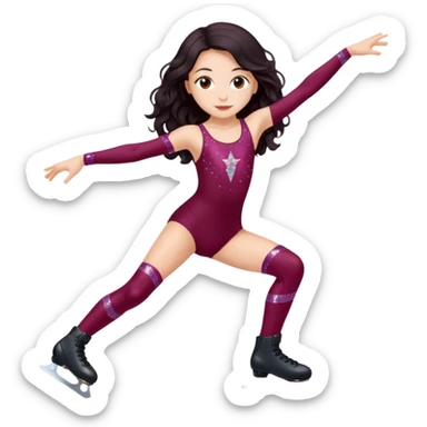 Una patinadora de 12 años y es morena de pelo y lleva un mallott granate con brillos y esta patinando con patines de ruedas en linea y su piel es clara y el pelo es largo negro ondulado sticker