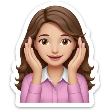 girl with wavy long brown hair, brown eyes, light to medium complexion, long lashes, light pink lipstick, wearing light pink shirt, smiling, hands covering both eyes sticker