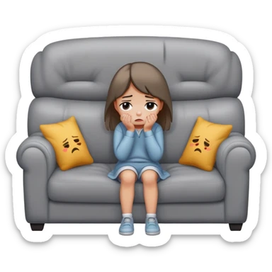 sad girl full body crying on the cozy grey couch  sticker