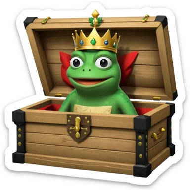Emoji of an empty wooden coffin with its lid on top, the word ‘ECHO’ carved into the lid. The coffin is shown from the outside. A king-like Pepe the Frog, standing outside the coffin, is hammering nails into the lid to seal it shut. No character is inside the coffin. Not a treasure chest. sticker