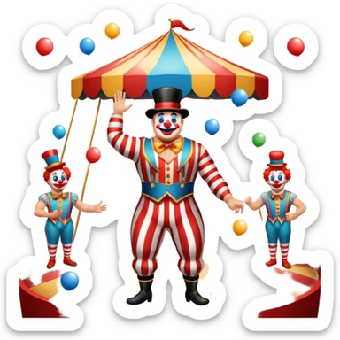 Icon for Circus Arts: a vibrant circus arena with a strongman in a striped costume, a juggler, and a clown performing. The icon should capture the excitement and energy of a circus show, with emphasis on skill and entertainment. Transparent background. sticker