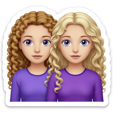 Twin sisters, one has brown eyes, long curly brown hair, the other one has blue eyes and straight blond hair purple top sticker