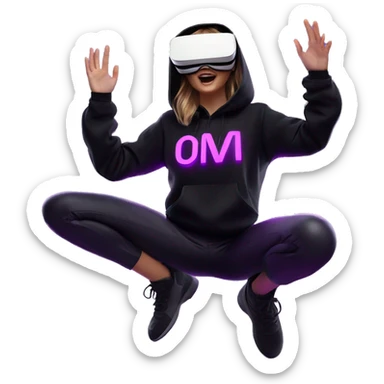 Russian girl wearing black hoody with violet letters "OMG", in vr headset oculus quest2. jumping. Cyberpunk style. Violet neon. sticker