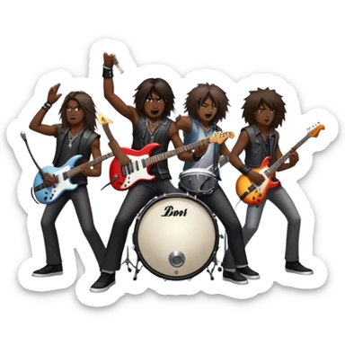 Icon for Heavy Metal Music: 4 men band on stage with electric guitars, drums and intense lighting. Musicians headbanging, surrounded by energy and stage effects, capturing the power and intensity of a metal concert. Transparent background. sticker