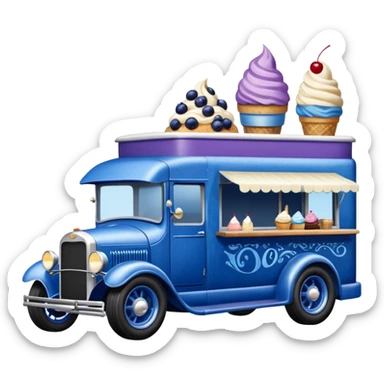 shiny-dark-blue crystal-bodied frozen blueberry muffin, pie, and ice cream float, antique hot rod long-wheelbase durable-looking food truck  sticker