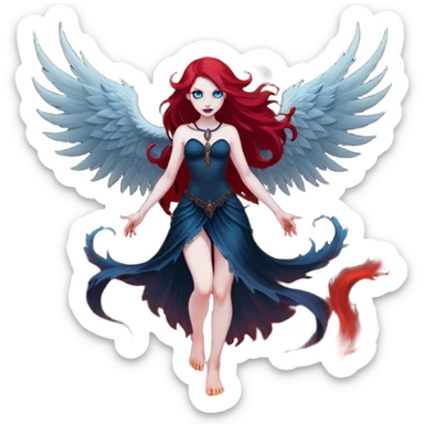 full body portrait of an extremely diabolical girl with pale white skin, massive towering wings, very long flowing blood red hair, glowing blue eyes, evil grin, no accessories, standing in thick swirling dark red and black smoke that rises up from the ground, heavy smoke effect at her feet sticker