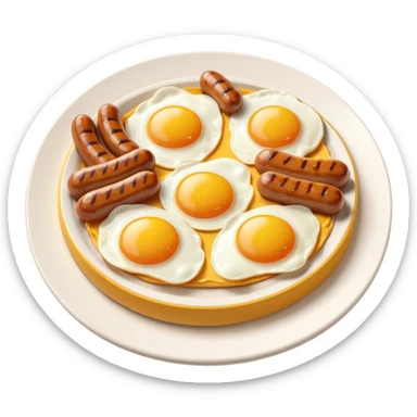 sausage and eggs object icon, fried eggs with sunny yolks, grilled sausages, warm breakfast vibe, delicious food presentation, 3D cartoon style, mobile game icon style, centered, clean background, no text, no watermark
 sticker
