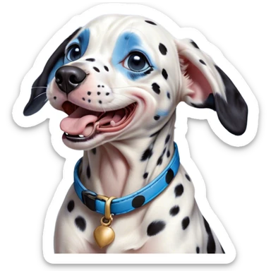 Cinematic Cute Yawning Harlequin Dalmatian Portrait Emoji, Head tilted slightly with a dramatic, wide-open yawn, showcasing a smooth Fur of predominantly white with bold black patches, floppy ears slightly drooping, round blue eyes barely open in drowsy contentment, Simplified yet irresistibly adorable features, highly detailed, glowing with a soft, cozy glow, high shine, relaxed yet expressive, stylized with a touch of whimsy, bright and endearing, soft glowing outline, capturing the essence of a sleepy yet affectionate guardian, so drowsy it feels like it could stretch out of the screen and curl up for a nap! sticker