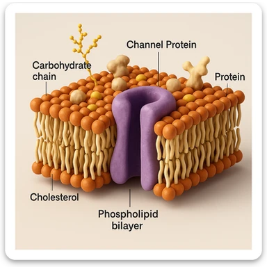3D cross-sectional view of a biological membrane with a channel protein, visible phospholipid bilayer, proteins, cholesterol, carbohydrate chains, highlighted channel protein, rendered with depth, labeled components, educational and realistic style sticker