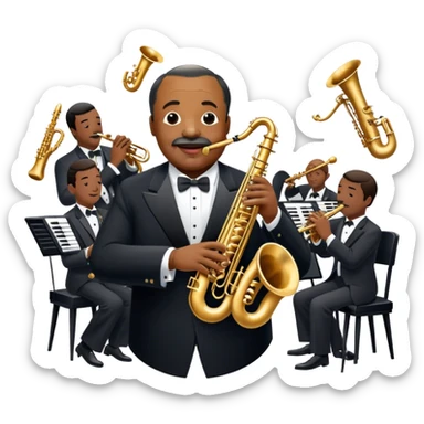Icon for Jazz Music: Count Basie Orchestra, with Count Basie at the piano surrounded by jazz musicians playing instruments like saxophones, trumpets, and drums. Floating musical notes should capture the energetic and smooth vibe of big band jazz. Transparent background. sticker