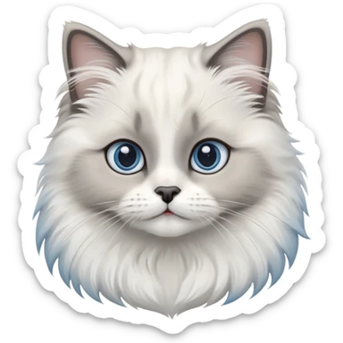 cinematic-adorable-big-eyed-fluffy-white and grey-ragdoll-cat-portrait-emoji,-head-tilted-playfully-with-a-sweet-expression,-fluffy-grey seal colour with white-fur,-simplified-yet-irresistibly-cute-features-with-large,-blue eyes expression, sticker