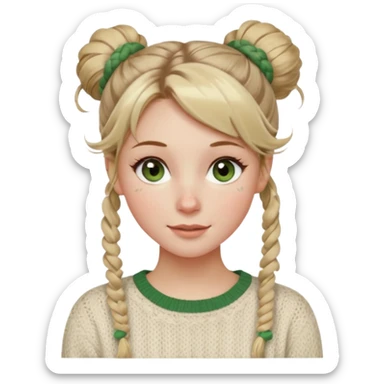 dirty blonde hazel  green eyes woman with a white cable knit sweater and one messy bun with tendrils of hair flowing down her face and she is happy pale, some freckles, blush. she has a cateye wing and long lashes sticker