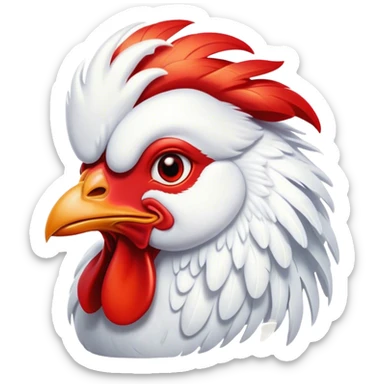 Cinematic Cute White Rooster Portrait Emoji, Head tilted playfully and inquisitively, featuring a glossy, immaculate white plumage with a vibrant red comb, round, sparkling eyes filled with curiosity, Simplified yet irresistibly adorable features, highly detailed, glowing with a warm, friendly glow, high shine, affectionate and spirited, stylized with a touch of farmyard whimsy, bright and endearing, soft glowing outline, capturing the essence of a mischievous yet loving rooster, so playful it feels like it could strut out of the screen and into your arms! sticker