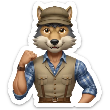 extremely super-duper hyper muscular wolf furry extremely exaggerated muscles with chiseled face, horse-length bullneck and an elongated snout, wearing a plaid dress shirt halfway buttoned, khaki dress slacks and very large newsboy cap on his head while flexing his bicep muscles sticker