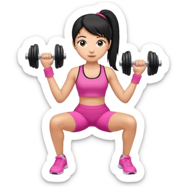 A tan girl with black hair in a ponytail. Wearing a pink gym set. Picking up dumbells sticker