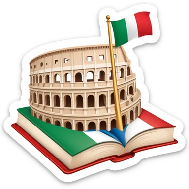 An icon featuring the Colosseum and the flag of Italy, symbolizing the Italian language. The design includes an open book with Italian phrases and a gondola, representing language learning and cultural exploration. Transparent background sticker