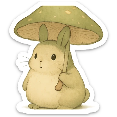 chubby bunny holding a mushroom umbrella, pastel beige and moss green, soft Ghibli style sticker