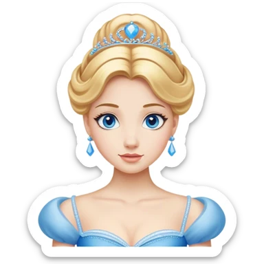 Cinematic Realistic Comical Cinderella Portrait, with every detail rendered realistically—from the soft, smooth texture of her fair skin to her artfully styled golden-blonde hair. Her bright blue eyes are wide with playful disbelief, and her expression carries a touch of whimsical humor while retaining elegant poise. Her classic ball gown, detailed with rich fabric textures and natural shadows, catches the light in a way that blends refined beauty with a hint of cheeky mischief, creating a striking, lifelike portrayal. sticker