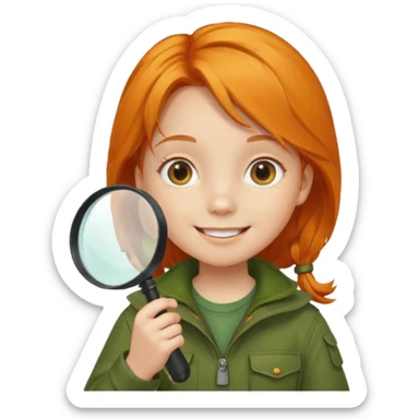braid orange haired girl kid in moss green explorer outfit, holding magnifying glass, smile sticker
