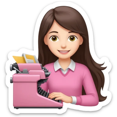 smiling white long brunette hair girl with hazel eyes wearing pink typing on a typewriter sticker