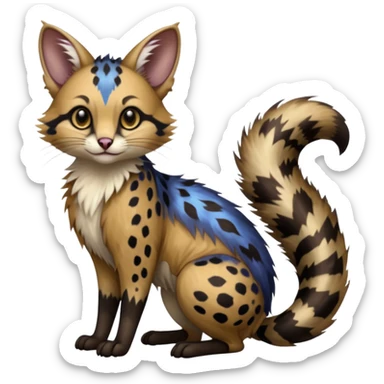  ink-black fur laced with oil-slick bronze and abyssal cobalt runes fur with random dark markings beautiful elegant pretty precious cute  Fakémon-Pokémon-opossum-feline-serval-caracal-chinchilla-Furret-Minccino-hybrid-creature with a big fluffy bushy tail (full body) sticker