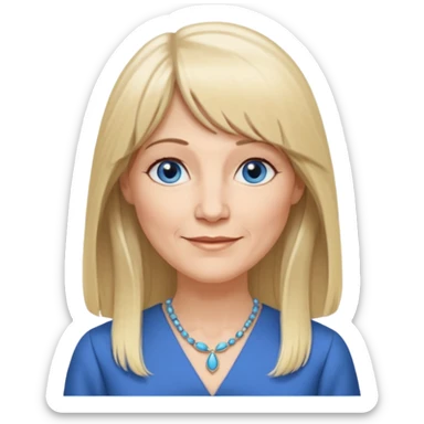 50 yr old white woman, hippie parted very long hair, short bangs, very long straight blond hair, oval face, small smile, blue eyes, thin face, hair downback, hair parted at center of head, round cheeks, pale, longer hair, business dress sticker