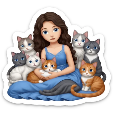detailed realistic looking a dark grey and white cat regally laying with six other cats, cuddling with their owner in bed who is a pretty bratz lightly tanned white girl with long dark brown hair, blue eyes and gorgeous long wavy hair wearing a pretty detailed dress sticker