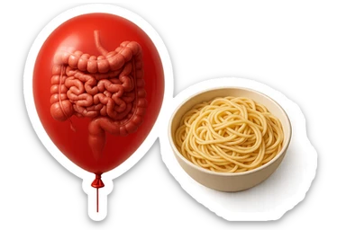 intestino umano anatomico chiuso in un palloncino rosso che simboleggia gonfiore, accanto una bowl di pasta, iperrealistico 4k sticker