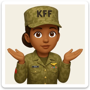 Make the girl's hairstyle a bun and add an army KFF (military cap) while keeping her brown skin, brown hair, and army attire. Keep the shrugging pose and emoji style. sticker