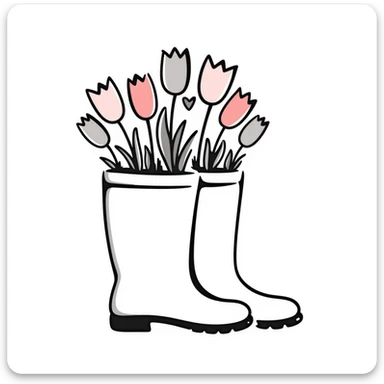 Rubber rain boots/wellington boots with tulip flowers sticking out from the top, in pastel colors (dd9fb0, ffc6d3, a3bfc9, c4bee2, f1b091), hand-drawn doodle style sticker