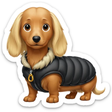 Long hair blonde Daschund dog in huge black puffer  sticker