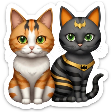 A grey tabby cat with dark grey stripes and green eyes sitting next to a calico cat with orange eyes, calico cat has dark fur around her eye almost like a Batman mask sticker