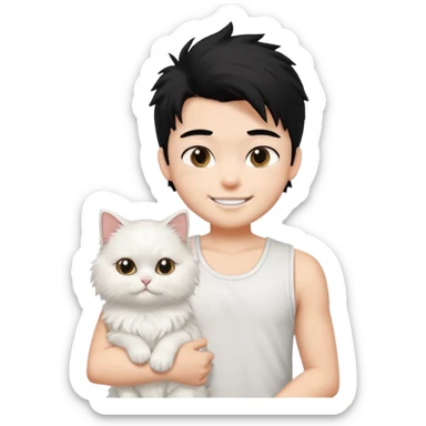 a pretty bratz boy with black hair and white sleeveless tank with a white persian cat smiling sticker
