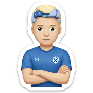 Pale blond man in blue football t shirt crossed arms cold stance  sticker