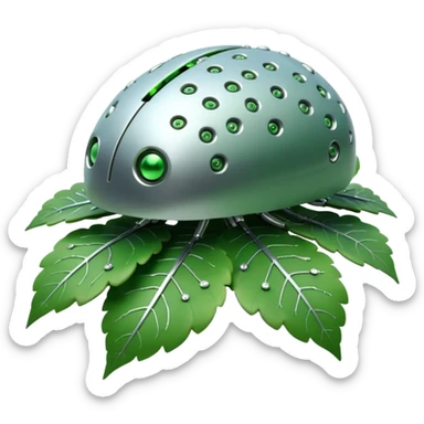 3D render of Nanobot Cloud, futuristic cyborg aesthetic, fusion of organic skin and chrome metal, swarm of tiny silver dots eating a green leaf, isolated on white background --v 6.0. sticker