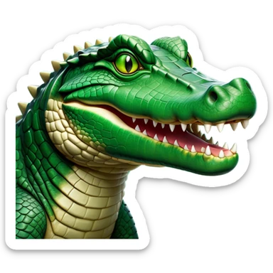 Cinematic Noble Crocodile Portrait Emoji, Poised and regal, with a powerful, elongated build and a rugged, scaly emerald-green hide, piercing cold eyes, Simplified yet sharp and sophisticated features, highly detailed, glowing with a soft, dignified glow, high shine, intelligent and formidable, stylized with an air of ancient might, focused and attentive, soft glowing outline, capturing the essence of a watchful and commanding reptile, so majestic it feels as though it could silently slide out of the screen with effortless authority! sticker