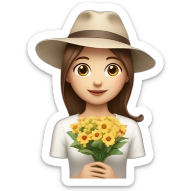 white skin, Girl with a hat, brown hair straight to the shoulders, holding a bouquet of flowers sticker