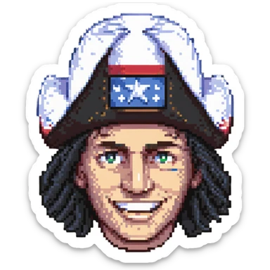 pixel art of Yankee Doodle's head, wearing a classic black Tricorne hat, cheerful expression sticker