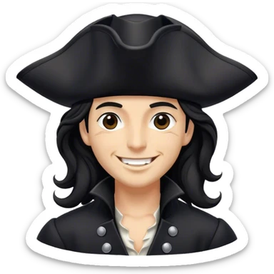 A charismatic pirate with wavy black hair, wearing a black tricorn hat and a sleek black coat with silver buttons, smiling confidently. sticker