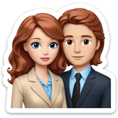 Barbie girl  , eyes blue , Chestnut red long wavy hair In pale beige clothes, Hugs a man with brown hair short haircut, brown eyes , and a black suit sticker