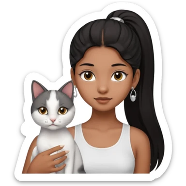 An brown skin Teenager girl with brown eyes, long black hair in one high ponytail, with a white crop top holding her grayish-white cat, and small silver earrings sticker