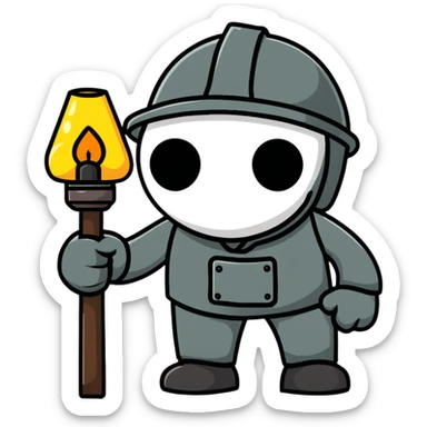 Coal miner from 19th century England with soot-covered face, helmet with lamp, and pickaxe sticker