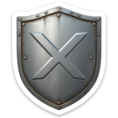 a battle worn steel shield with engraved text "XXX" (Three Xs), the text should be prominent and in the center of the shield sticker
