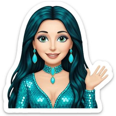 Cher, Goddess of Pop from Famous People with long jet black hair, turquoise sequin outfit sticker