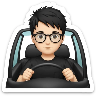 generate a pretty bratz fair skinned boy with black messy hair wearing a black tshirt driving. Glasses on.  sticker