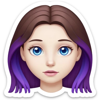 A girl with white skin, blue eyes, and long brown hair, the ends of her hair are purple. sticker