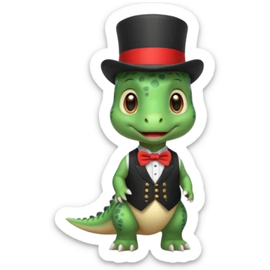 Steampunk:a very cute and adorable green anthropomorphic baby dinosaur with a red top hat sticker