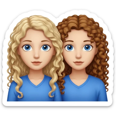 Twin sisters, one has brown eyes, long curly brown hair, the other one has straight blond hair and blue eyes sticker