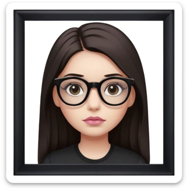 A Girl with dark straight long hair, divided in the middle hairstyle. white skin, black coloured eyes, wearing a black shirt and a tortoise framed glasses. Her mounth is light old pink. sticker